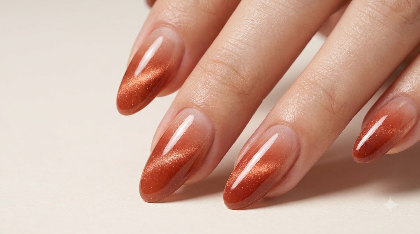 Jesienno-zimowe delikatne paznokcie cat eye z gradientem dla jasnej carnacji