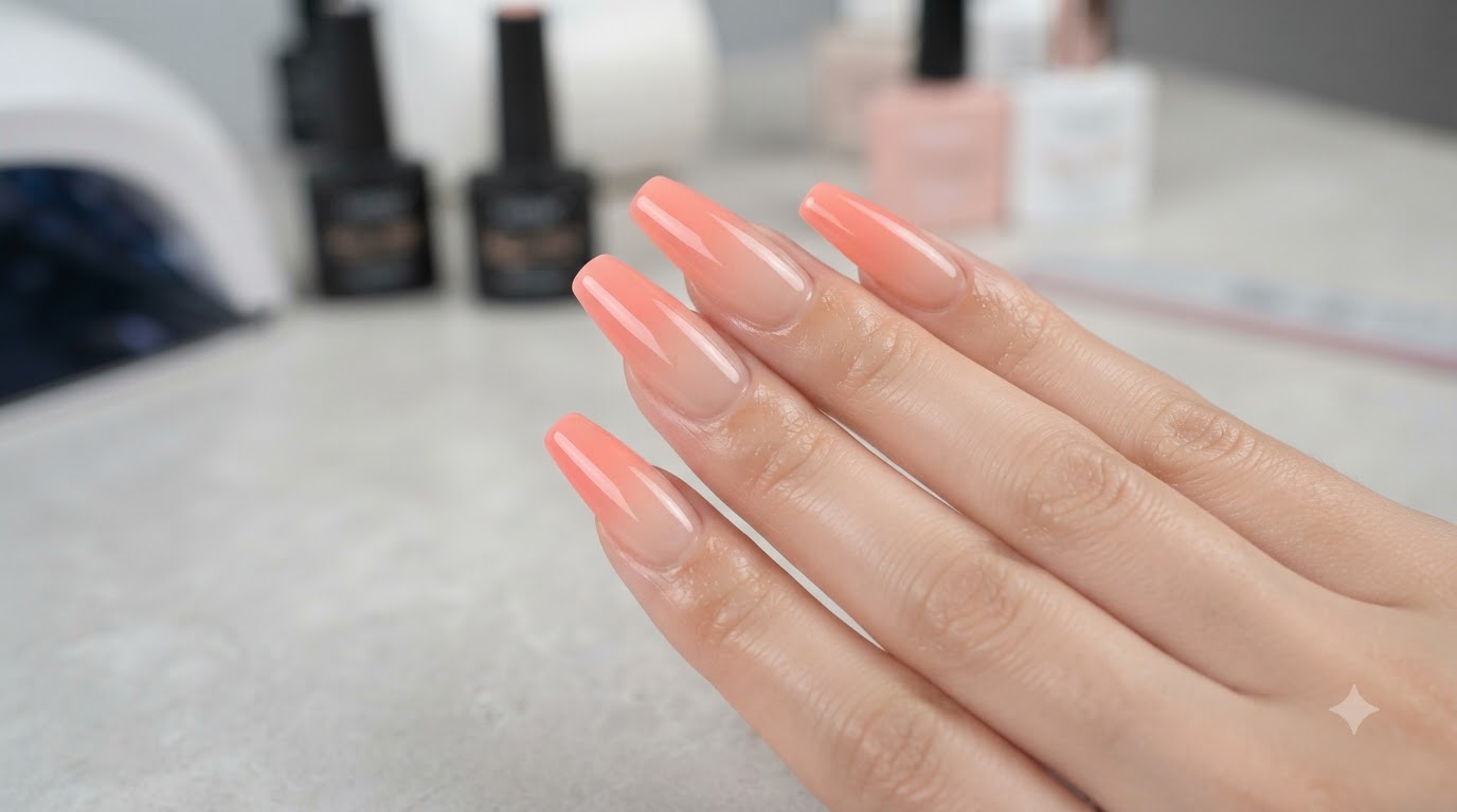 Brzoskwiniowe paznokcie ombre spray gel — krok po kroku
