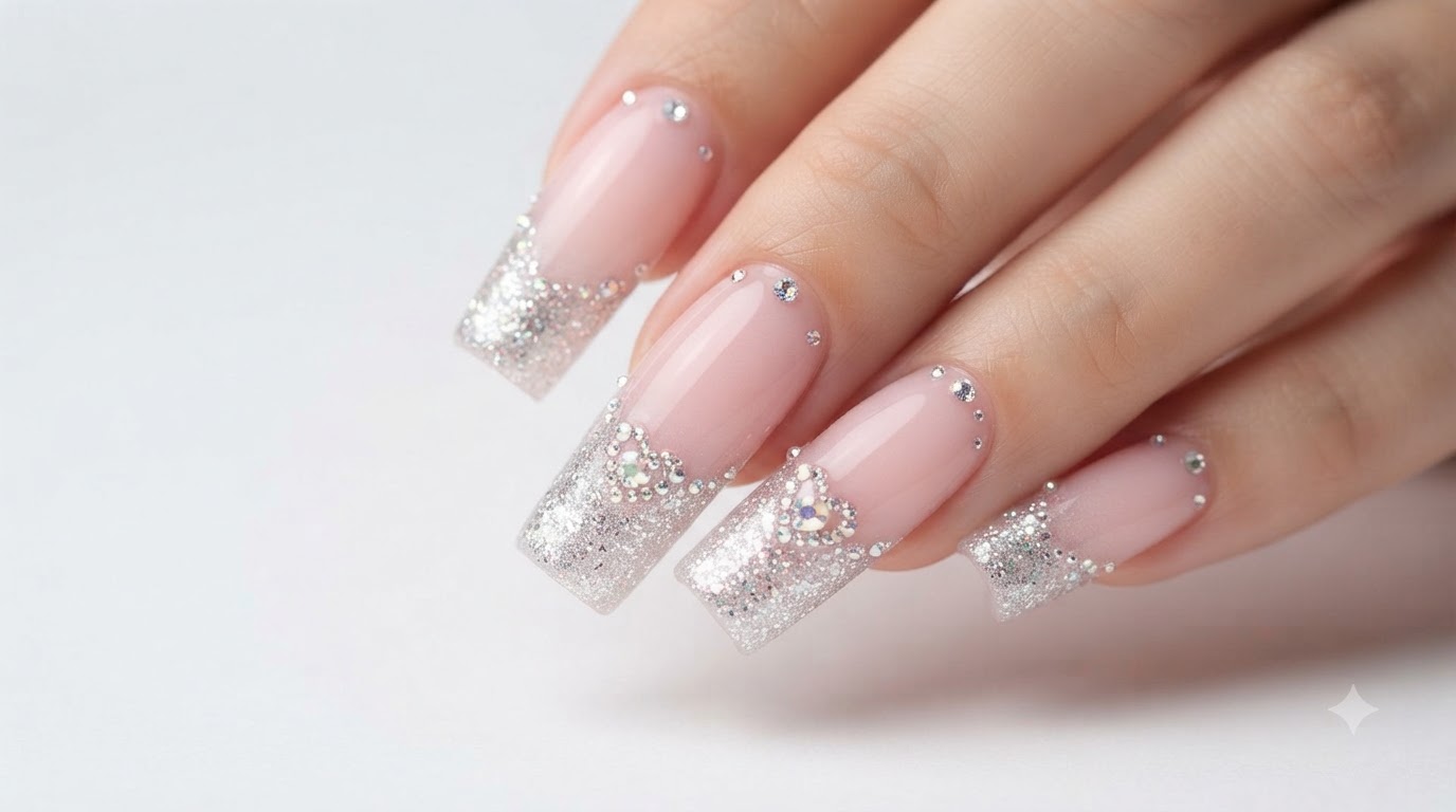 Błyszczące paznokcie gel nails z gradientem blush i ozdobami z cyrkonii