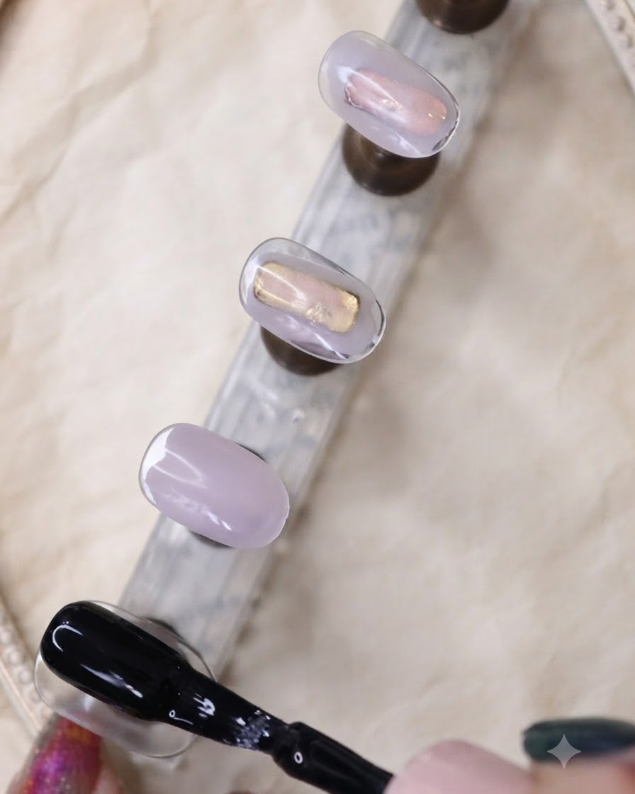 Ein schwarzer Gel-Nagellackpinsel trägt eine glatte Schicht auf einen schwarzen Nagel auf einem Display-Ständer auf.