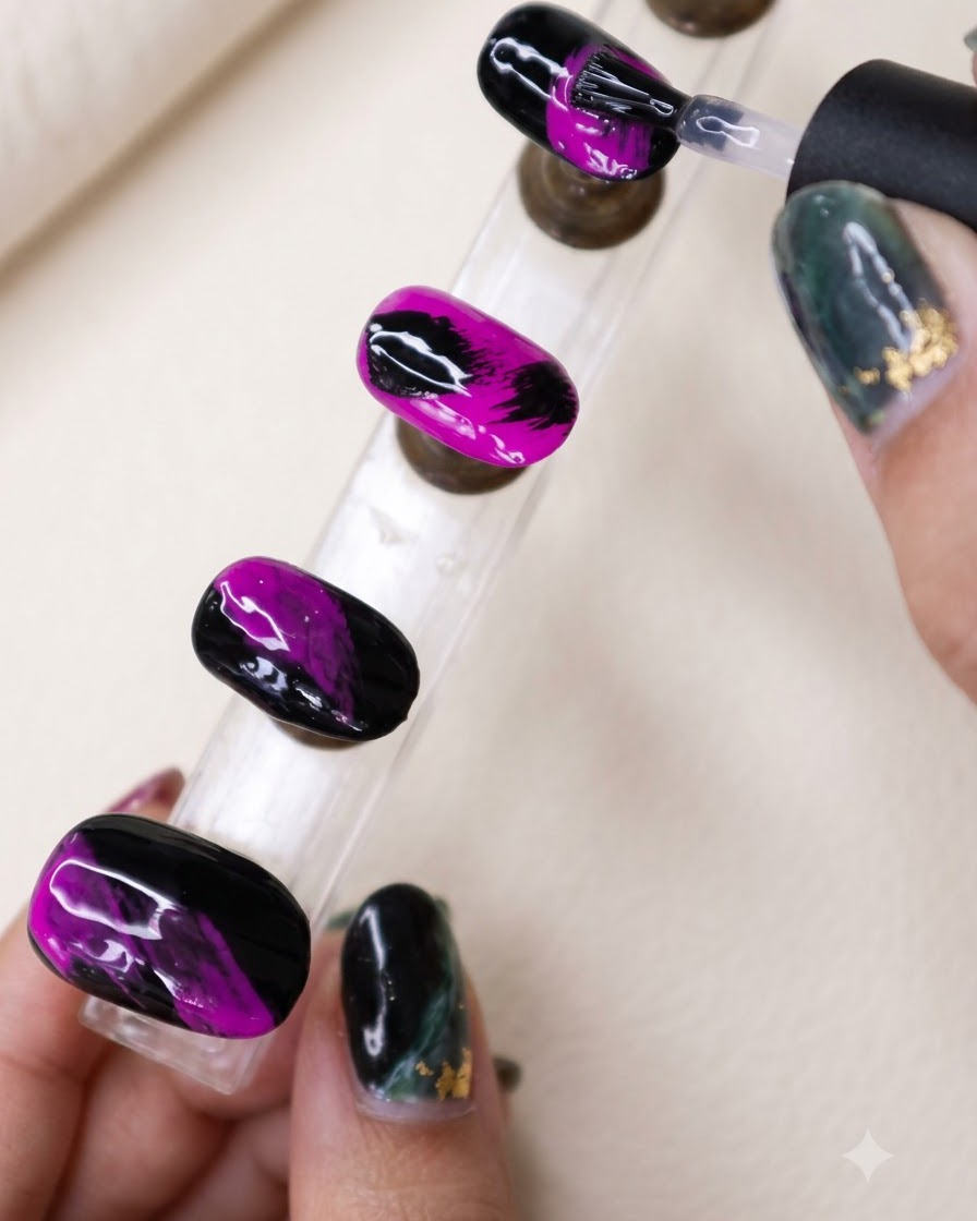 Nägel werden unter einer UV- oder LED-Lampe ausgehärtet, während ein fertiges Set texturierter Schwarz-Lila-Nägel in der Nähe liegt.