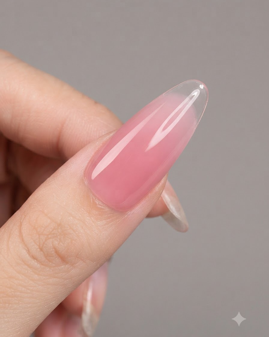 Paznokcie utwardzane w lampie UV/LED po nałożeniu półtransparentnego żelu nude.