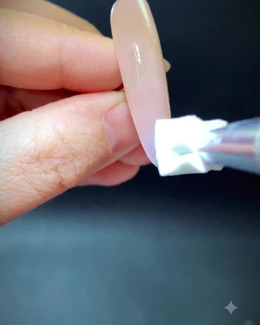 Gąbka wklepująca niebieski i zielony pigment ku górze na przedłużonym paznokciu w odcieniu nude.