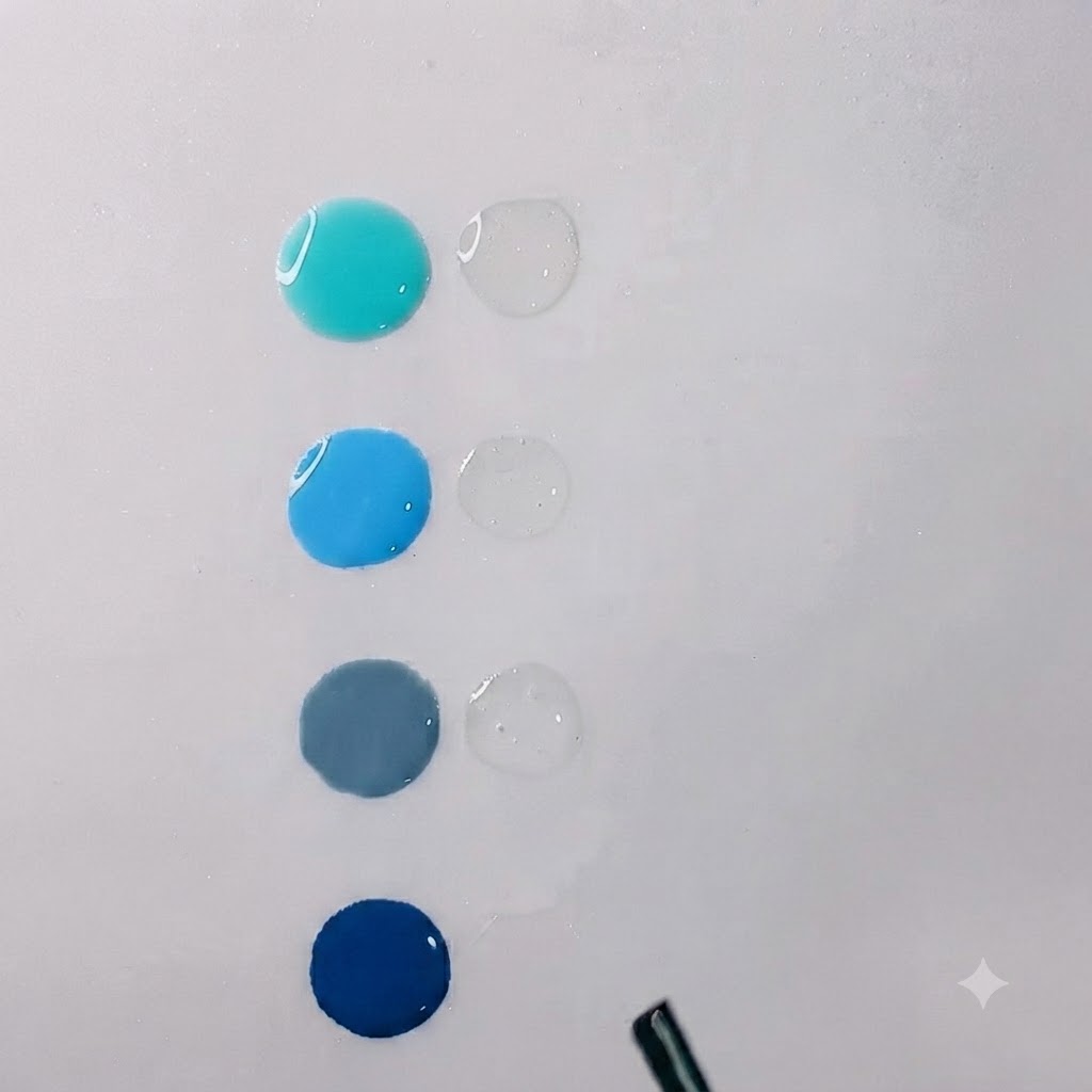 Gotas de gel azul agua vibrante y gel transparente colocadas ordenadamente en una paleta de mezcla blanca y limpia.