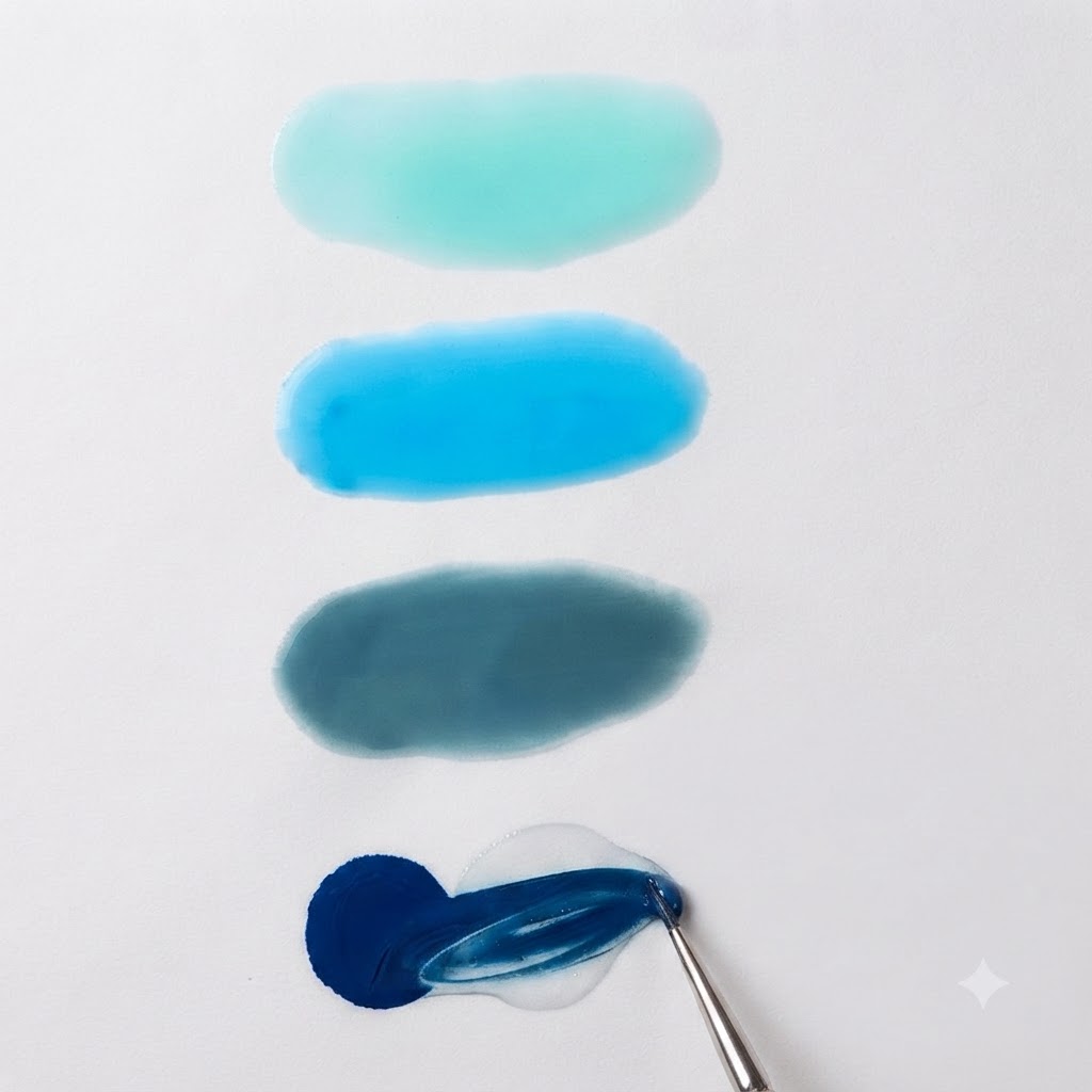Un pincel de uñas mezclando gel azul Morandi oscuro con gel transparente en una paleta de mezcla blanca.