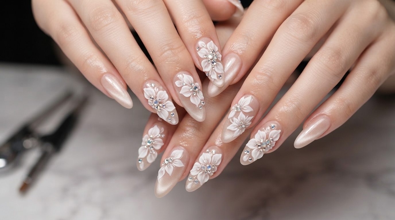 Celestial White Floral Cat Eye Nails — Elegancki Tutorial Krok po Kroku