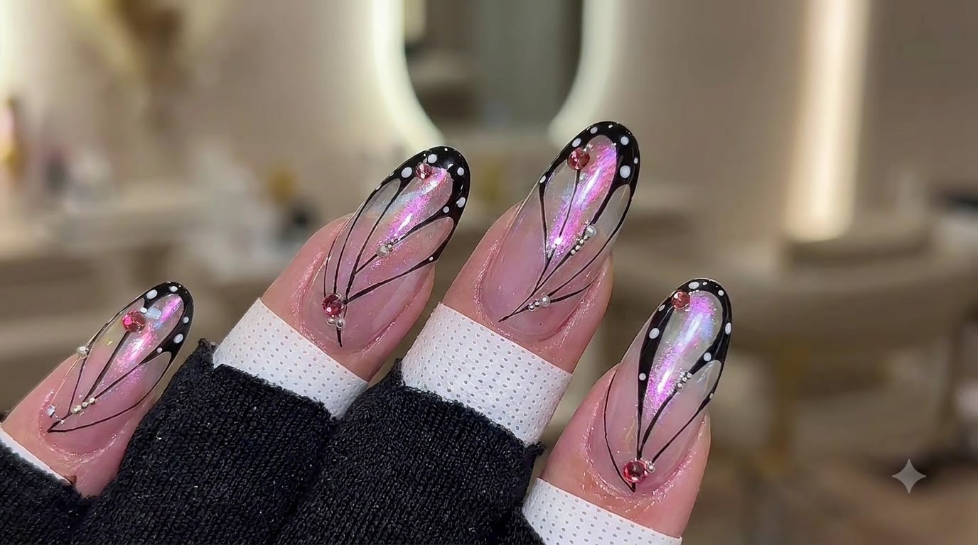 Makro zdjęcie gotowego manicure z motywem motyla, przedstawiające wtopiony opal aurora, misterne czarne kontury skrzydeł, białe kropki i małe, różowoczerwone cyrkonie na błyszczącym wykończeniu.