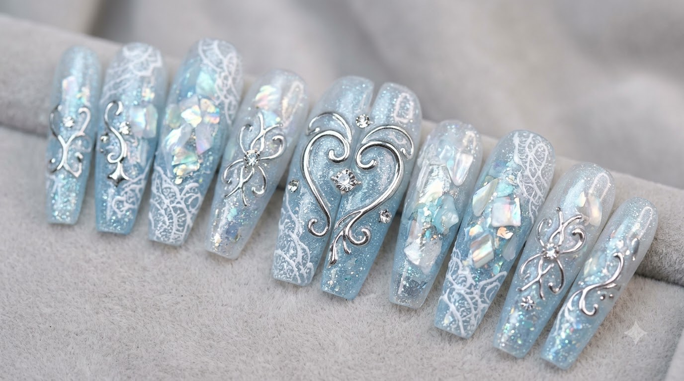 Paznokcie Icy Blue z Efektem Chrome Heart — Krok po Kroku Tutorial Press-On