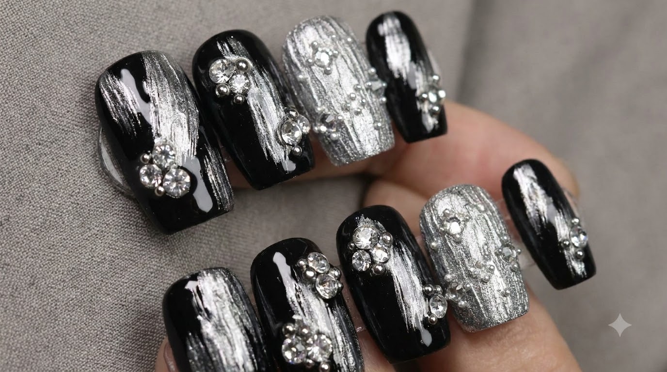 Czarny metaliczny manicure z teksturą srebra i zdobieniem cyrkoniami