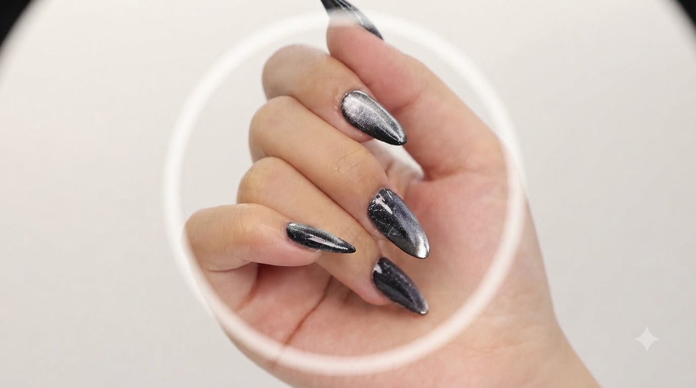 Srebrne paznokcie cat eye — brokatowy tutorial krok po kroku