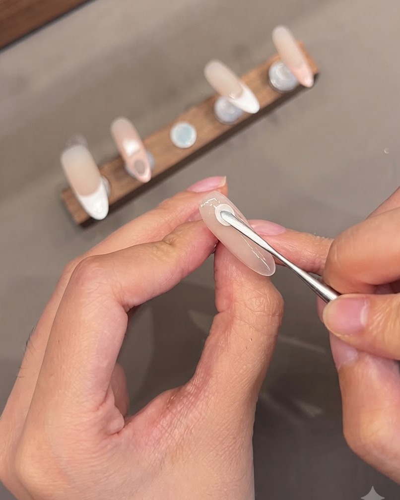 Narzędzie do zdobień formujące płatki kwiatów z żelu 3D na neutralnej bazie paznokcia.