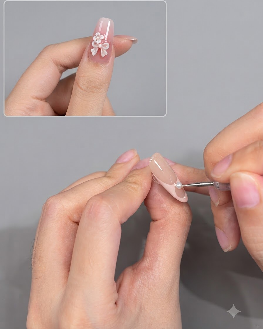 Narzędzie umieszczające małą perłową ozdobę na linii uśmiechu paznokcia french manicure.