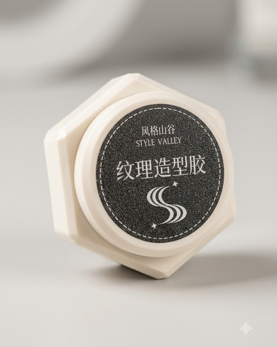 Słoiczek z żelowym produktem Style Valley texture shaping gel z etykietą zawierającą chińskie znaki.