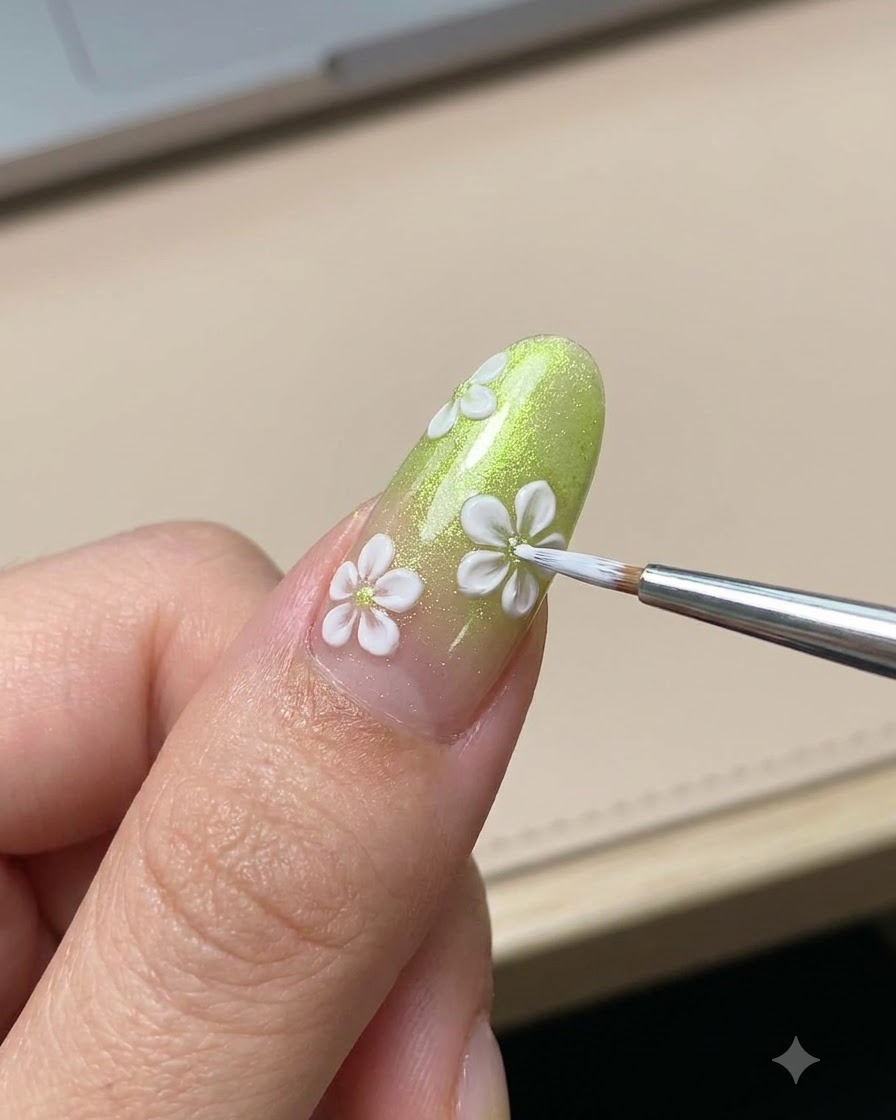 Cienki pędzelek precyzyjny aplikujący malutki żółty środek na namalowanej białej stokrotce na zielonym manicure.