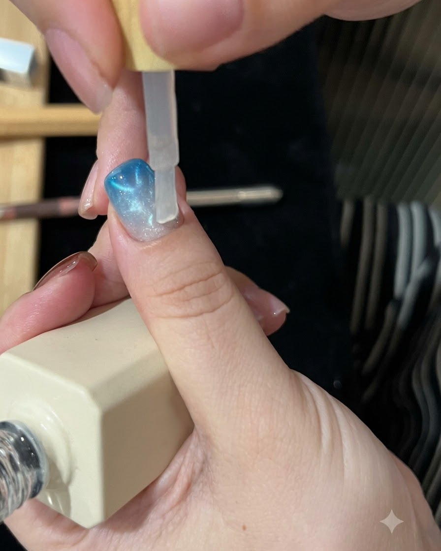 Pędzelek nakładający warstwę clear top coat na gotowy niebieski wzór kocie oko i ombre.