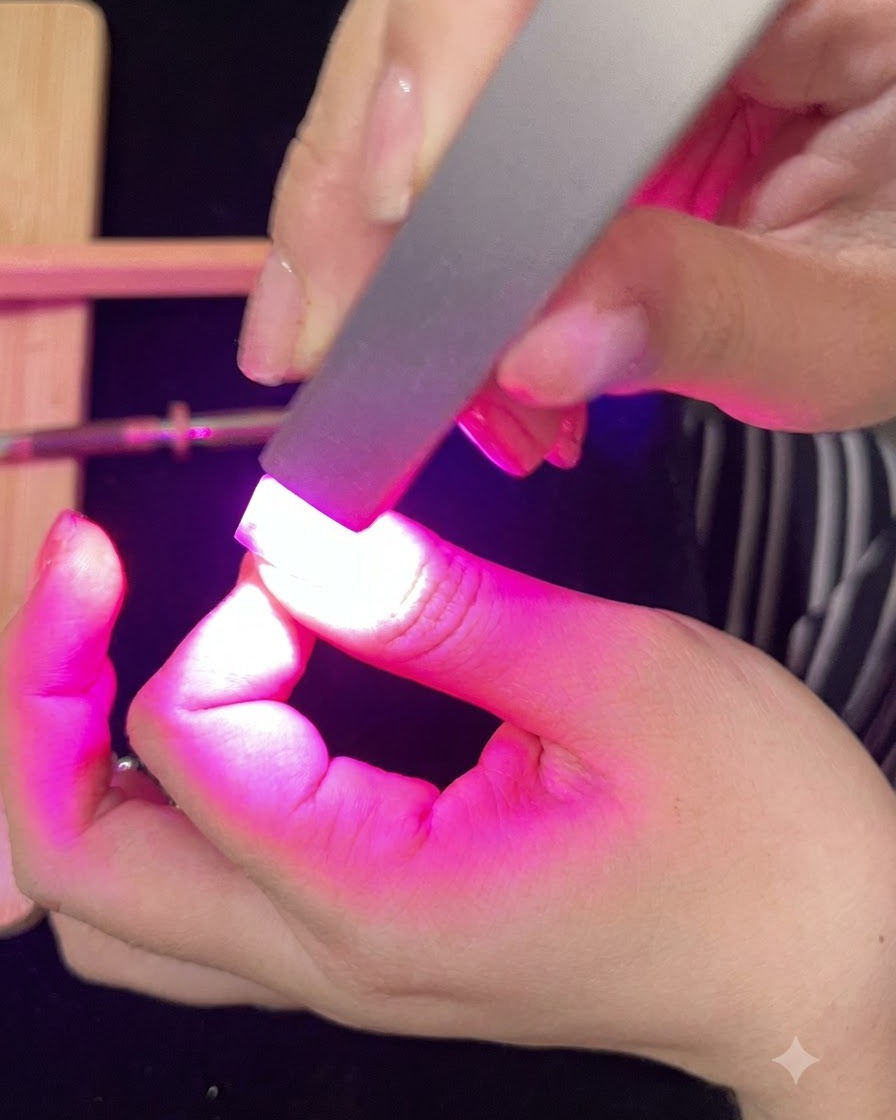 Paznokieć utwardzający się pod jasnoróżową lampą UV lub LED podczas aplikacji finalnego top coatu.