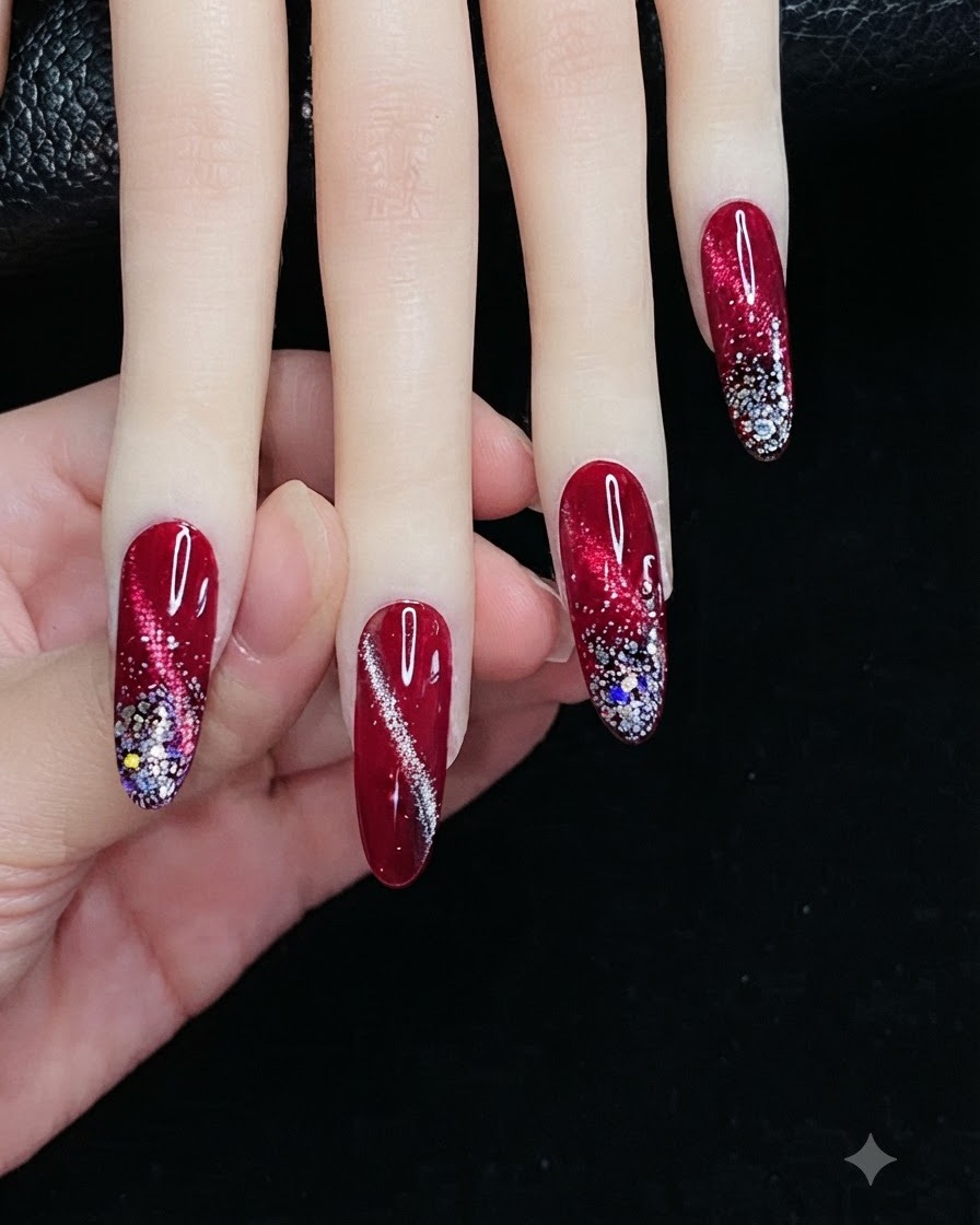 Zbliżenie przedstawiające czarną linię żelu namalowaną w środku ozdobnego manicure cat eye.