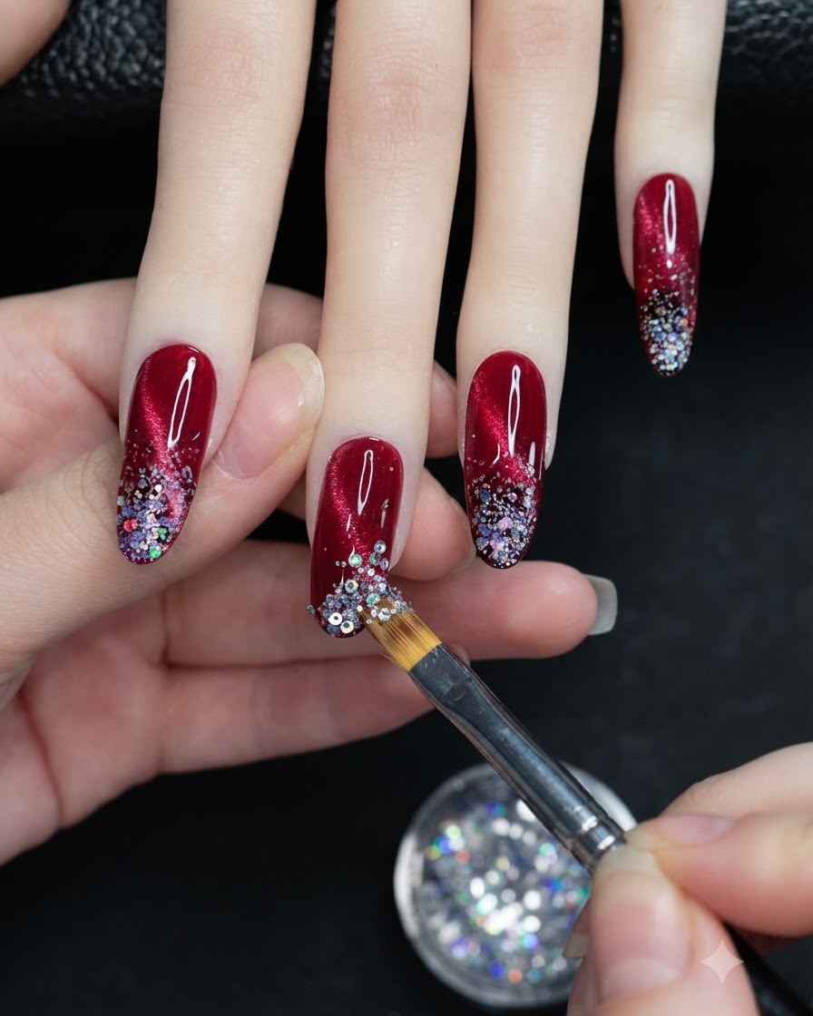 Pędzelek do zdobień aplikujący holograficzne płatki srebrnego brokatu na końcówkę czerwonego manicure cat eye.
