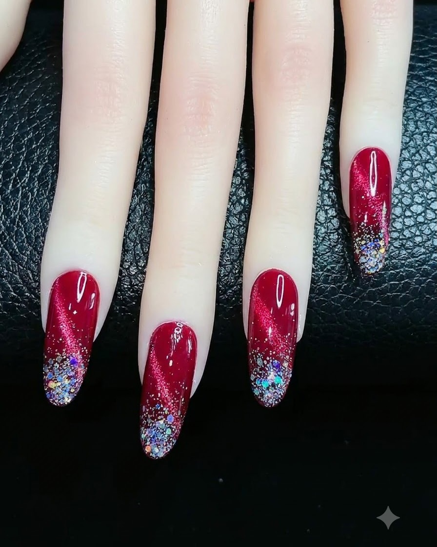 Pędzelek nakładający błyszczący, przezroczysty top coat na rubinowy paznokieć cat eye ze srebrnymi końcówkami z brokatu.